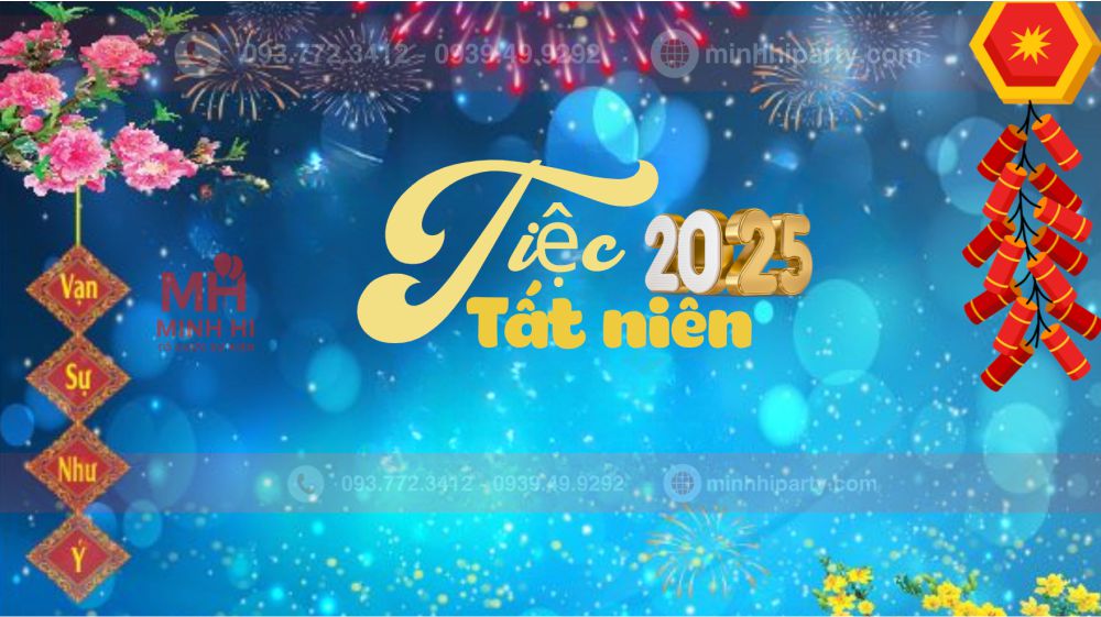 Mẫu banner year end party tone xanh chủ đạo