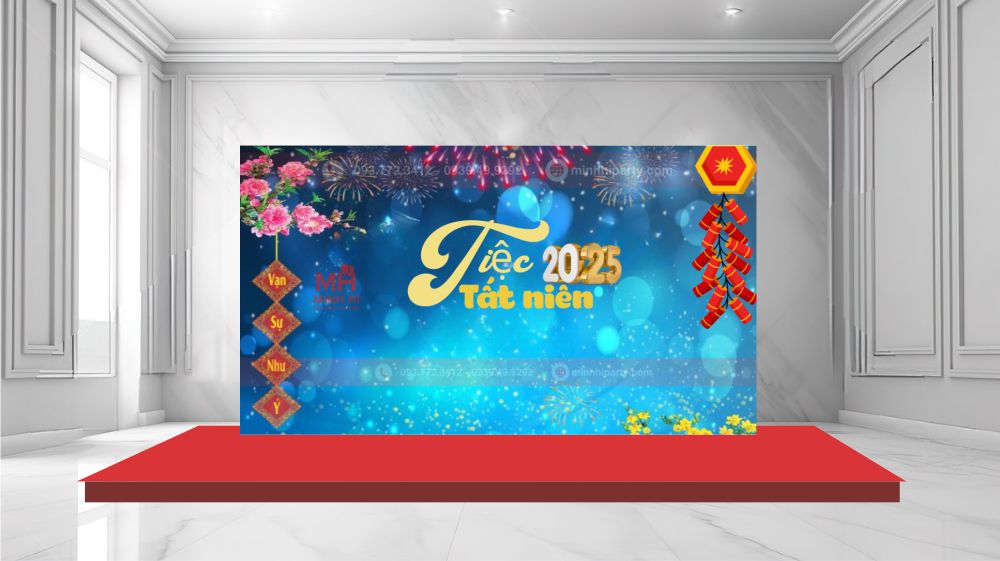 Trang trí background tiệc tất niên thiết kế đơn giản mặt phẳng truyền thống