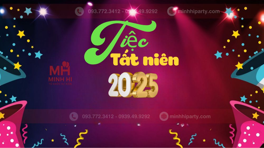 Trang trí background tiệc tất niên với tone màu và thiết kế đơn giản