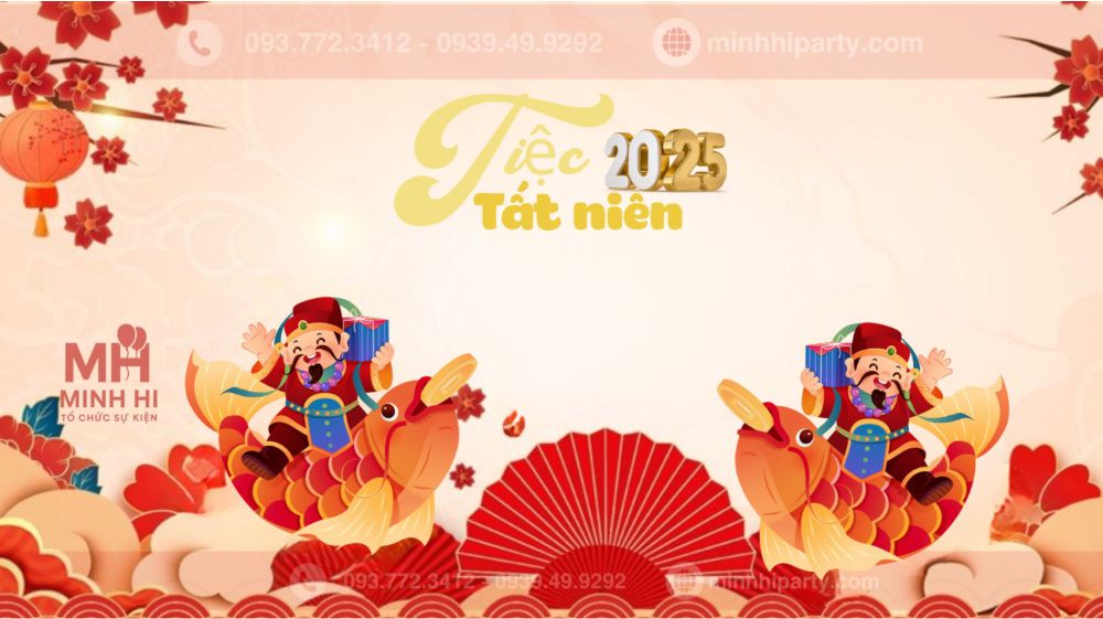 Mẫu trang trí backdrop tiệc tất niên chủ đề mùa xuân với cá chép