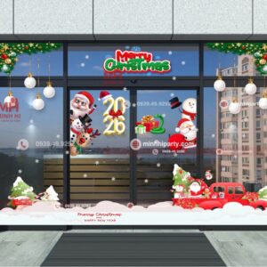 Thiết kế decal dán kính 2025 với chủ đề Merry Christmas kết hợp HPNY 2026