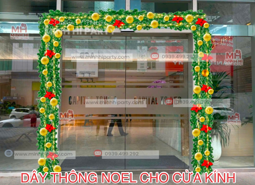 minhhiparty day thong noel trang tri cua kinh Dây thông Noel trang trí cửa kính kết hợp đèn LED