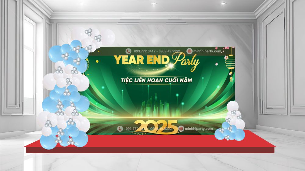 Mẫu decor tiệc tất niên với phong nền thiết kế màu xanh chủ đạo