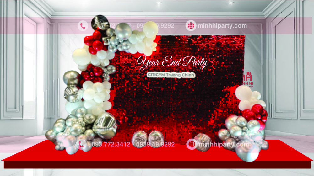 Trang trí background setquin cho tiệc tất niên tone đỏ