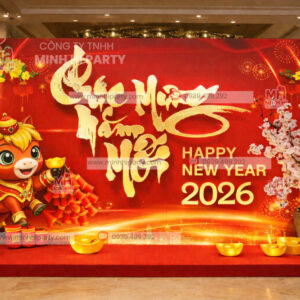 Mẫu backdrop tết 2026 có bảng chúc mừng năm mới