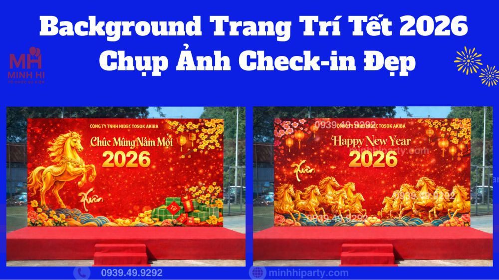 Trang trí sân khấu tết 2026 với background thiết kế chủ đề tết