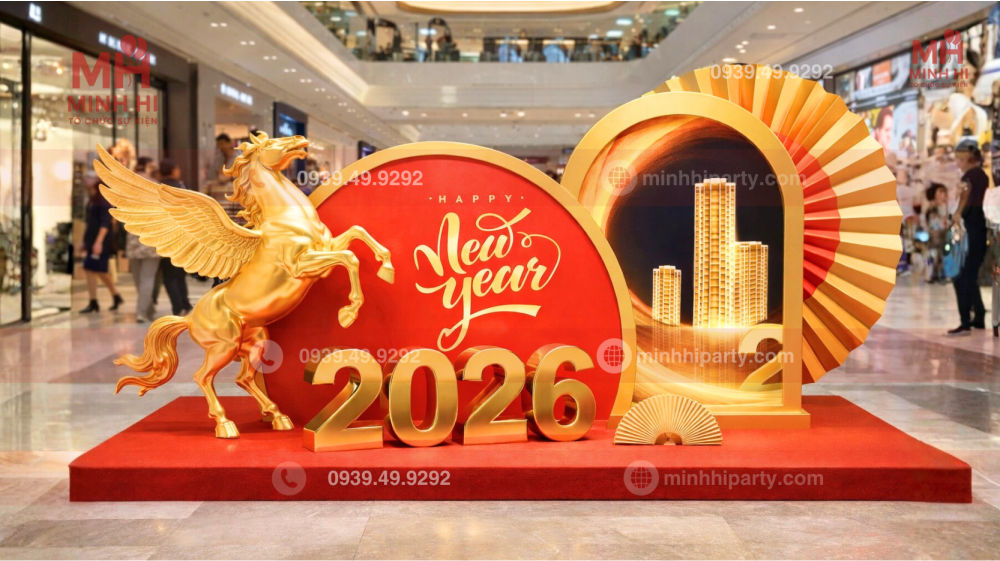 Trang trí background tết 2026 cho trung tâm thương mại mẫu hiện thiết kế hiện đại