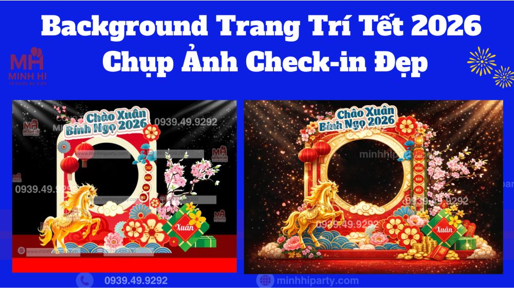 Mẫu backdrop trang trí tết 2026 thiết kế dạng khung checkin