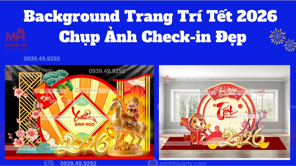 Trang trí tết 2026 với mẫu background thiết kế 3D kết hợp đèn LED hiện đại