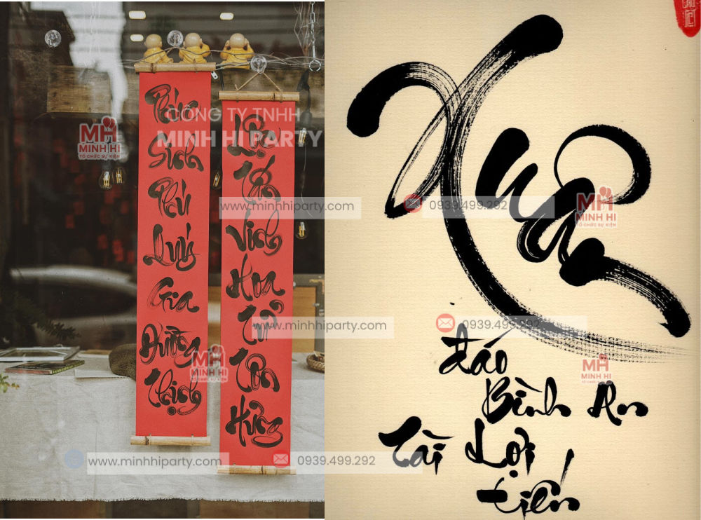 Câu đối đỏ chữ thư pháp trang trí Tết