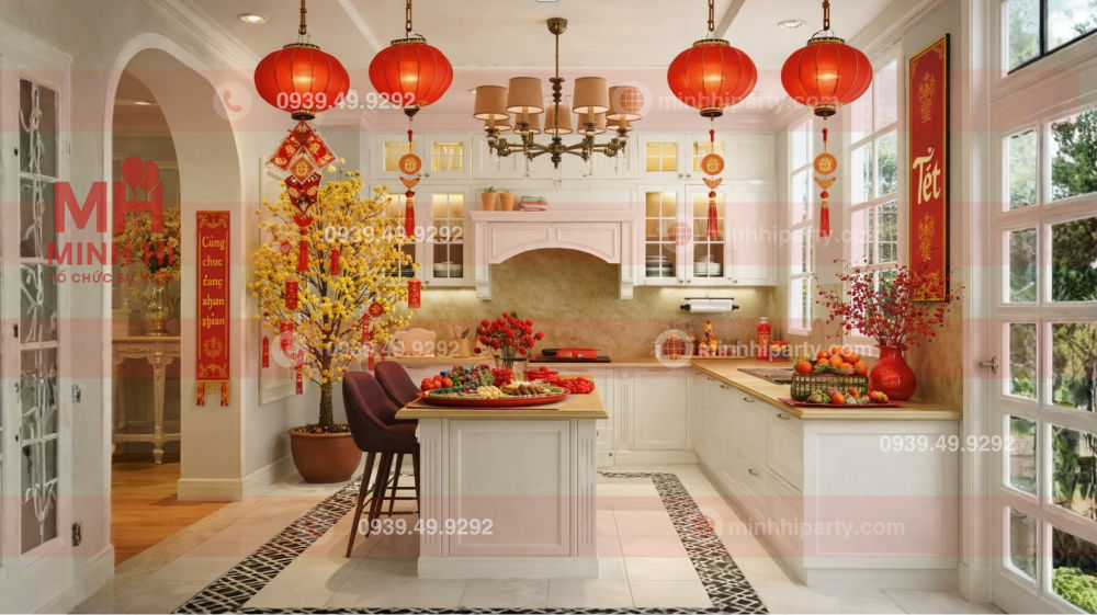 Decor tết 2026 cho nhà phố với thiết kế cho không gian nhà bếp sang trọng