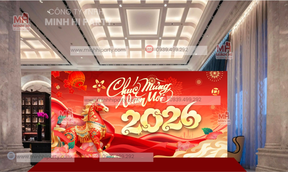 mau backdrop chuc mung nam moi 2026 bat Mẫu backdrop chúc mừng năm mới 2026 sử dụng chất liệu bạt hiflex do Minh Hi Party thực hiện