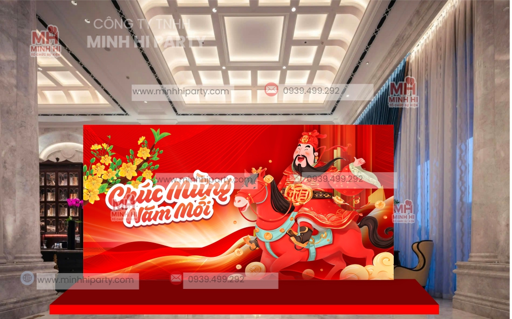 mau backdrop chuc mung nam moi moi nhat 2026 Mẫu trang trí backdrop chúc mừng năm mới 2026 với tone màu đỏ nổi bật