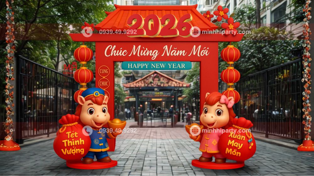 mau cong chao tet 2026 voi mo hinh linh vat 3D Mẫu thiết kế trang trí cổng chào tết với thiết kế dạng truyền thống và linh vật của năm