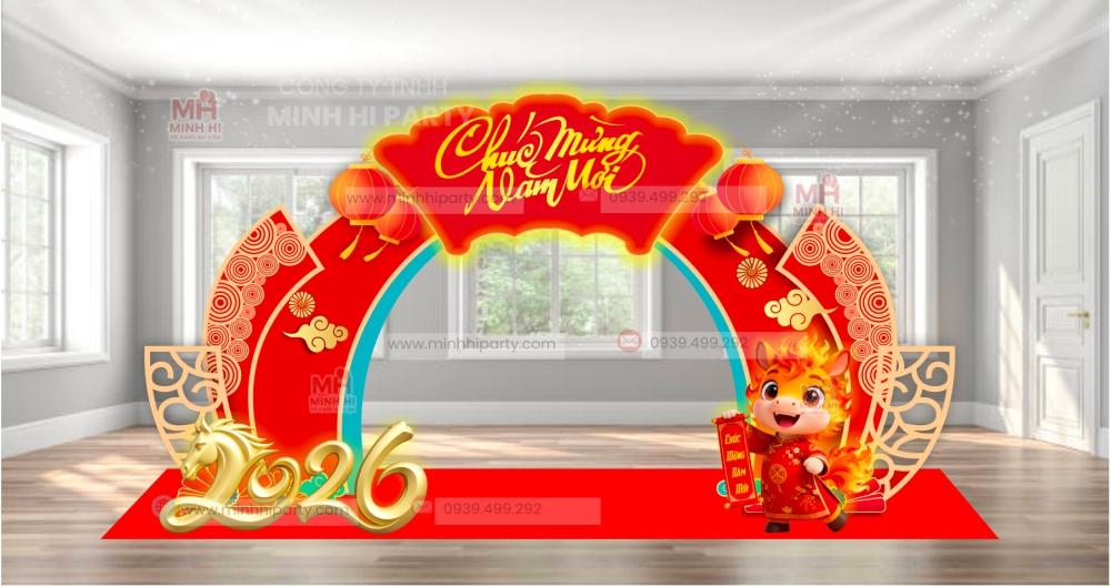 mau cong chao trang tri tet 2026 hien dai Mẫu cổng chào trang trí tết 2026 hiện đại với mô hình linh vật sống động