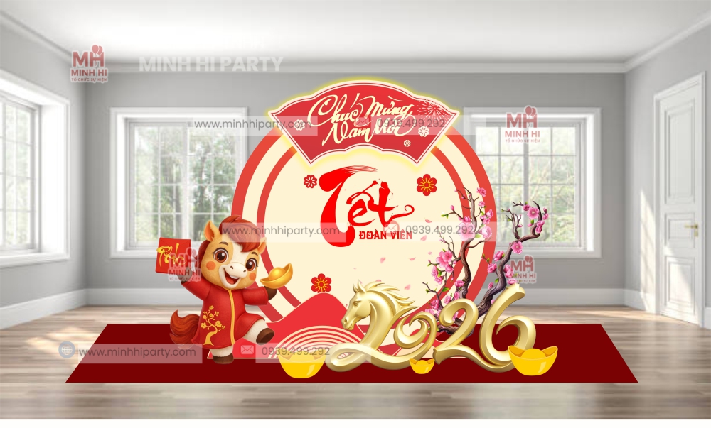 mau thiet ke trang tri tet 2026 gia re Mẫu thiết kế trang tết 2026 giá rẻ do Minh Hi Party cung cấp trọn gói hiện đại