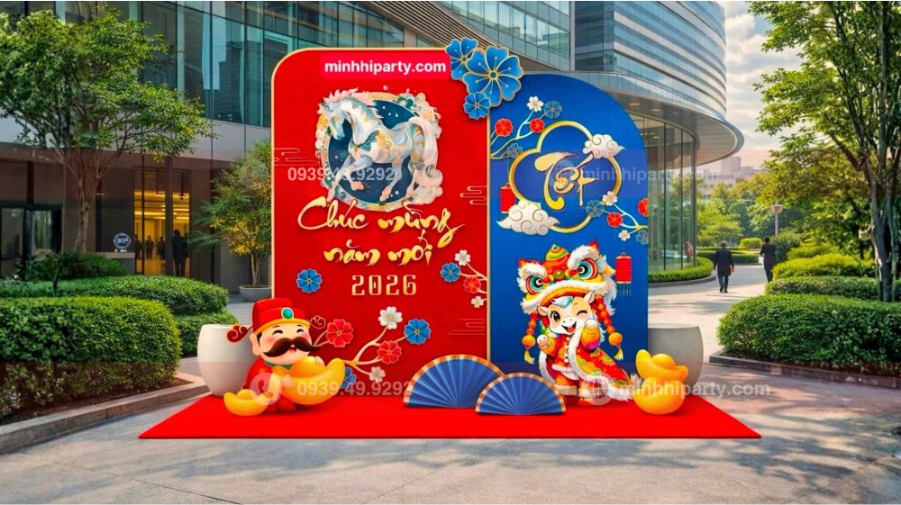 mau trang tri tet 2026 cho co quan van phong Mẫu trang trí tết 2026 cho cơ quan văn phòng với thiết kế theo xu hướng mới nhất kết hợp tone đỏ và xanh