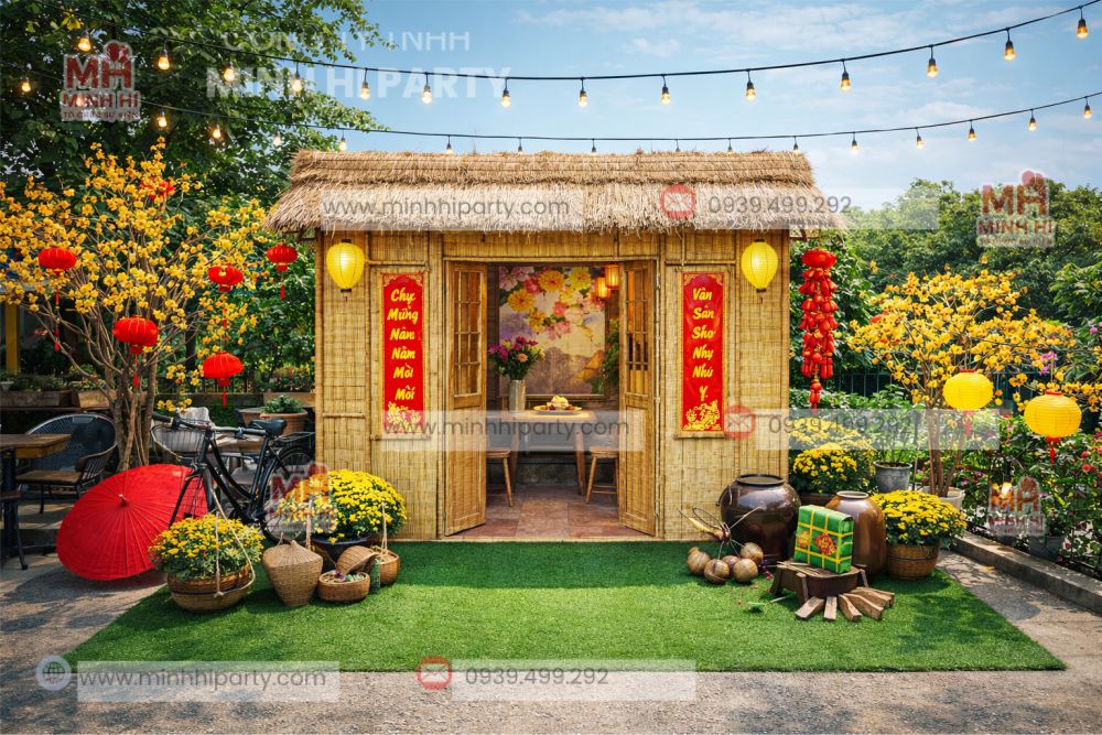 Trang tr&iacute; tết 2026 với m&agrave;n tre kết hợp hoa mai