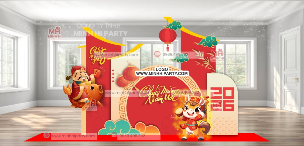 mau trang tri tet binh ngo 2026 chu de hien dai 1 Mẫu trang trí tết chúc mừng năm mới 2026 với chibi ngựa đáng yêu