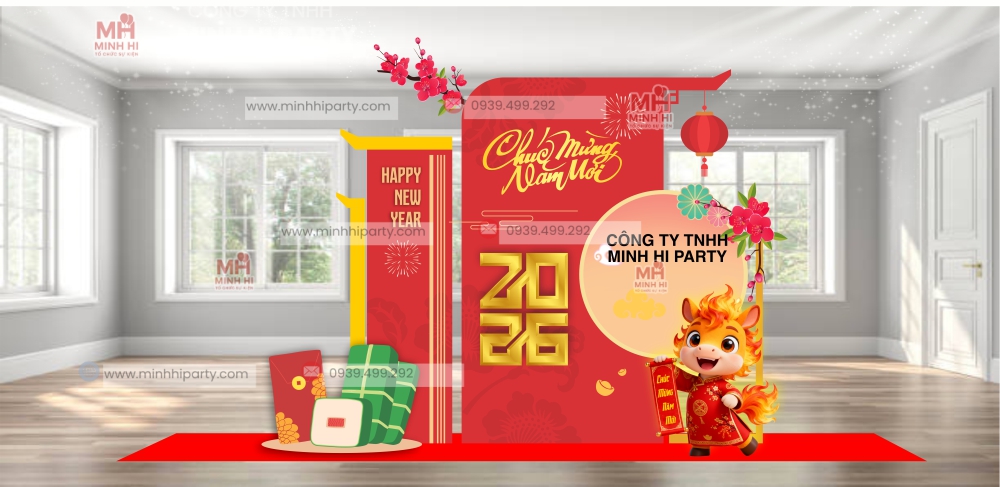 mau trang tri tet binh ngo 2026 chu de hien dai 2 1 Mẫu trang trí tết Bính Ngọ chủ đề hiện đại cho sảnh chung cư khách sạn