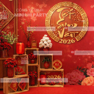 Phông nền trang trí tết 2026 đỏ vàng gỗ