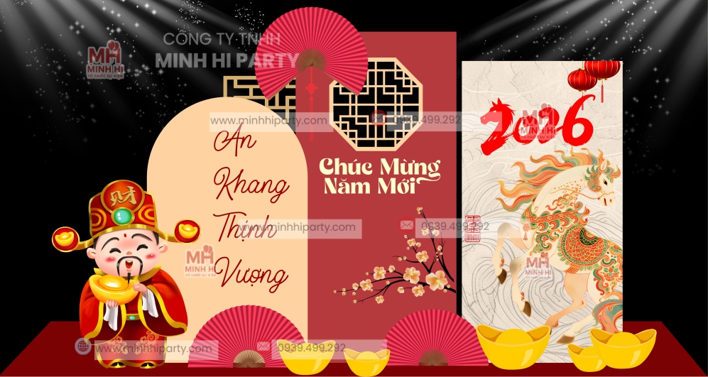 tieu canh tet binh ngo chu de an khang thinh vuong Mẫu thiết kế trang trí Tết 2026 cho hội chợ