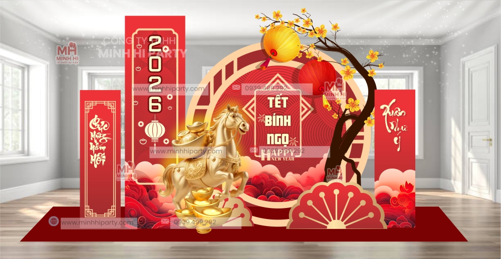 tieu canh trang tri tet binh ngo hien dai minhhi party 1 Tiểu cảnh trang trí tết Bính Ngọ hiện đại do Minh Hi Party thiết kế tone đỏ chủ đạo và linh vật nổi bật
