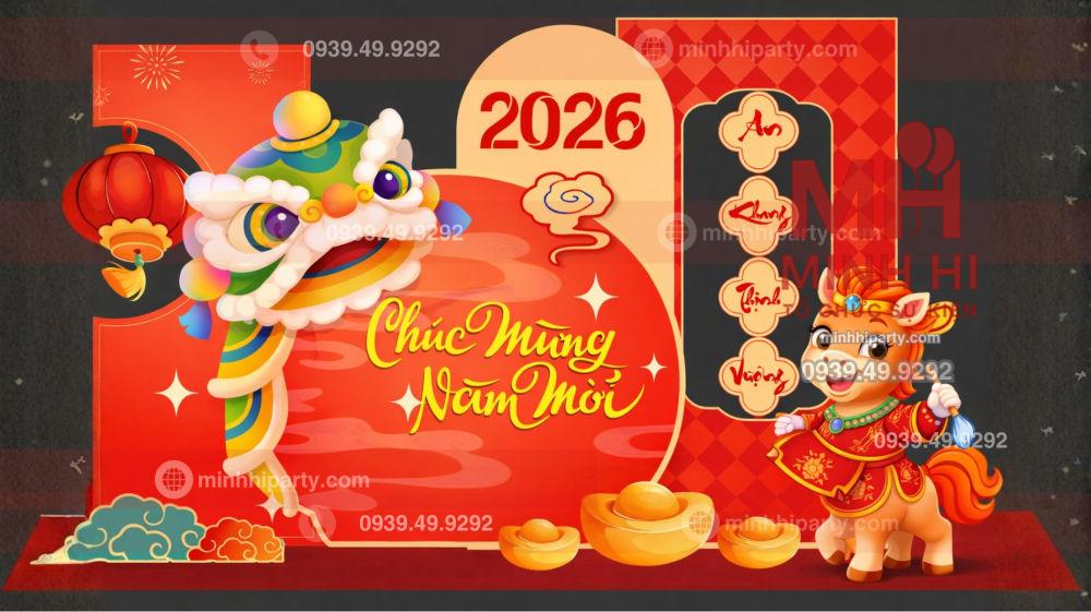 Trang trí background cho tết 2026 thiết kế hiện đại cho khu checkin