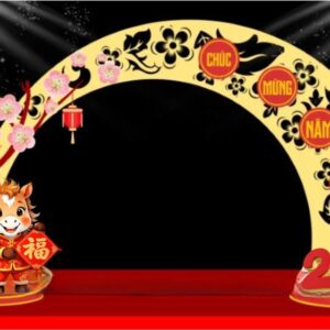 trang tri cong chao tet 2026 voi linh vat ngua tai loc Mẫu thiết kế cổng chào tết 2026 sử dụng linh vật làm điểm nhấn nổi bật