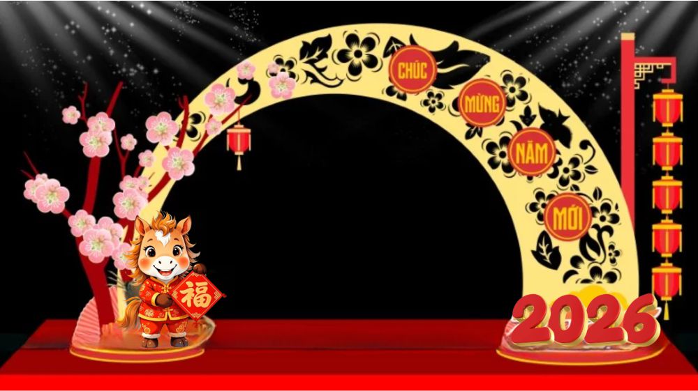 trang tri cong chao tet 2026 voi linh vat ngua tai loc Mẫu thiết kế cổng chào tết 2026 sử dụng linh vật làm điểm nhấn nổi bật