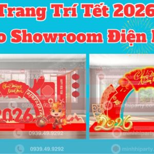 Decor tết 2026 cho showroom điện máy với mẫu cổng chào thiết kế hiện đại