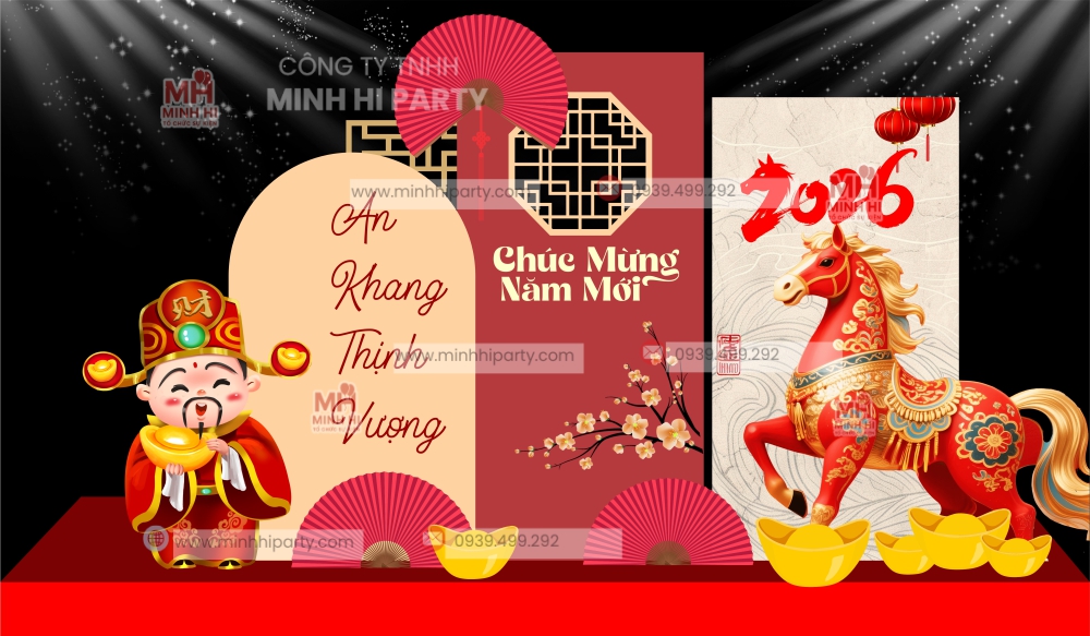 trang tri tet 2026 chu de an khang thinh vuong Mẫu thiết kế trang trí tết 2026 cho sảnh toà nhà lớn