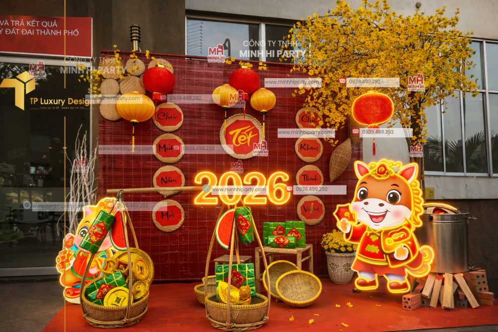 trang tri tet 2026 phong cach truyen thong ket hop led neon hien dai Trang trí tết 2026 kết hợp giữa truyền thống và hiện đại