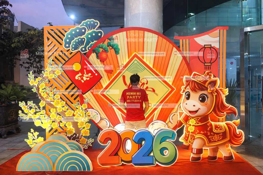 trang tri tet 2026 theo concept tone mau thuong hieu do minh hi party thuc hien Trang trí tết 2026 theo concept tone màu thương hiệu