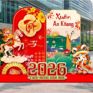 trang tri tet 2026 van phong lam viec Trang trí tết 2026 văn phòng làm việc với thiết kế các hoạ tiết hoa mai truyền thống cùng Thần Tài cưỡi Linh Vật