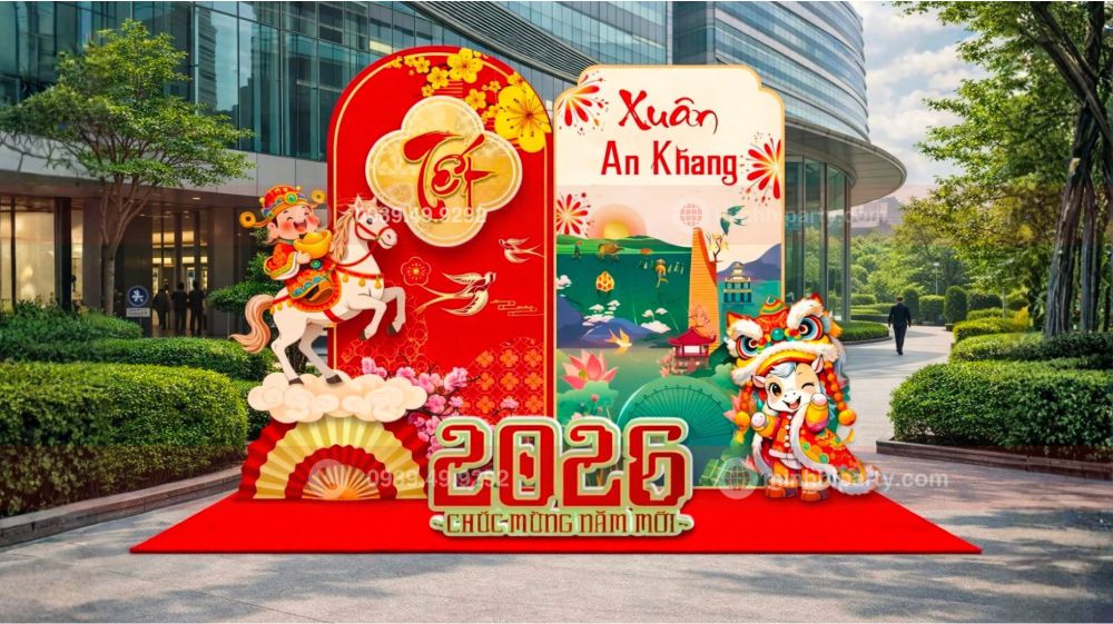 trang tri tet 2026 van phong lam viec Trang trí tết 2026 văn phòng làm việc với thiết kế các hoạ tiết hoa mai truyền thống cùng Thần Tài cưỡi Linh Vật