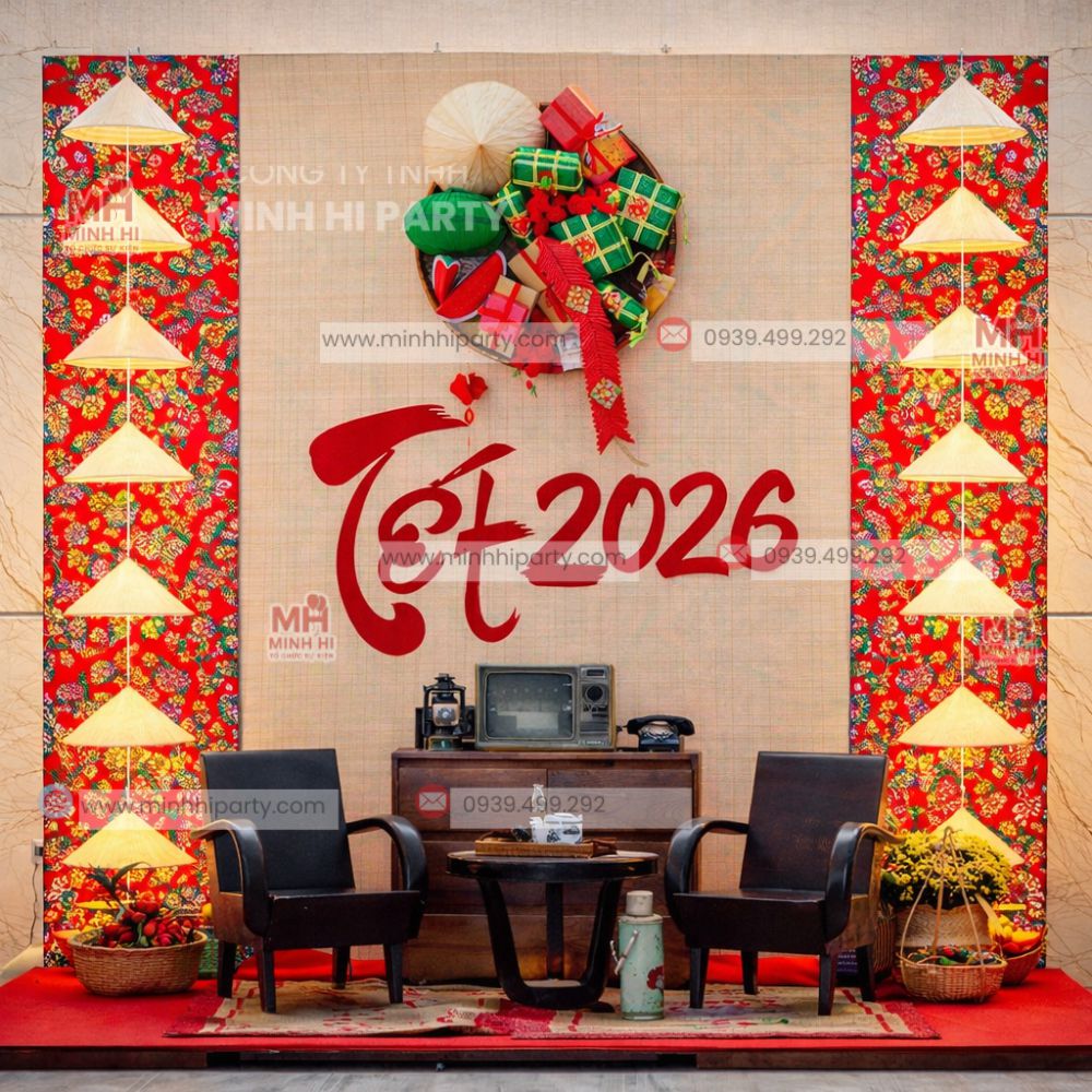 Background tết 2026 với n&oacute;n l&aacute;