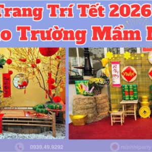Trang trí tết 2026 cho trường mầm non với chủ đề ''chợ tết quê hương'' với thiết kế dạng tiểu cảnh xưa
