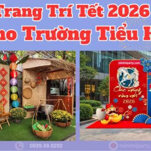 Trang trí tết Bính Ngọ 2026 cho trường tiểu học với thiết kế đa dạng truyền thống kết hợp hiện đại