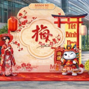 Trang trí tết Bính Ngọ phong cách Nhật Bản với backdrop hoa anh đào và chibi 3D sống động