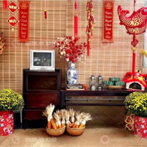trang tri tet mini 2026 phong cach vintage truyen thong Mẫu trang trí tết với concept Vintage thiết kế chuẩn tết xưa