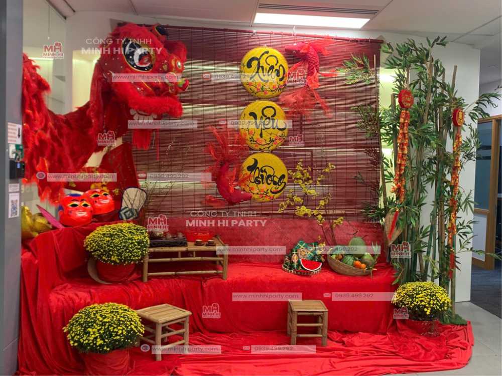 trang tri tet xua ket hop hinh anh lan su rong Gợi ý ý tưởng trang trí tết 2026 với mẫu trang trí tết xưa kết hợp hình ảnh lân sư rồng