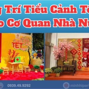 trang tri tie canh tet xua cho co quan nha nuoc Trang trí tiểu cảnh tết xưa cho cơ quan nhà nước với thiết kế đậm chất truyền thống với mành tre,hoa mai vàng nổi bật