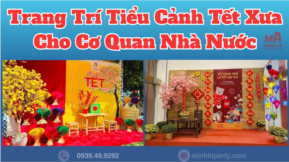 trang tri tie canh tet xua cho co quan nha nuoc Trang trí tiểu cảnh tết xưa cho cơ quan nhà nước với thiết kế đậm chất truyền thống với mành tre,hoa mai vàng nổi bật