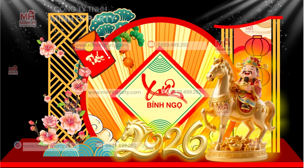 trang tri xuan binh ngo 2026 minhhiparty Mẫu decor tiểu cảnh tết chủ đề Linh Vật 2026 thiết kế hiện đại
