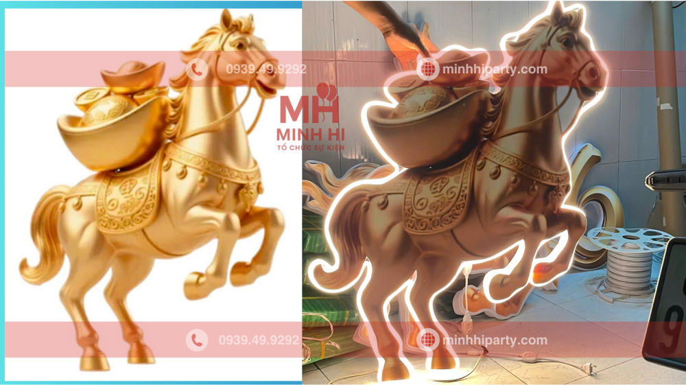 Mẫu mô hình ngựa 2026 tone màu vàng đồng tại Minh Hi Party cung cấp
