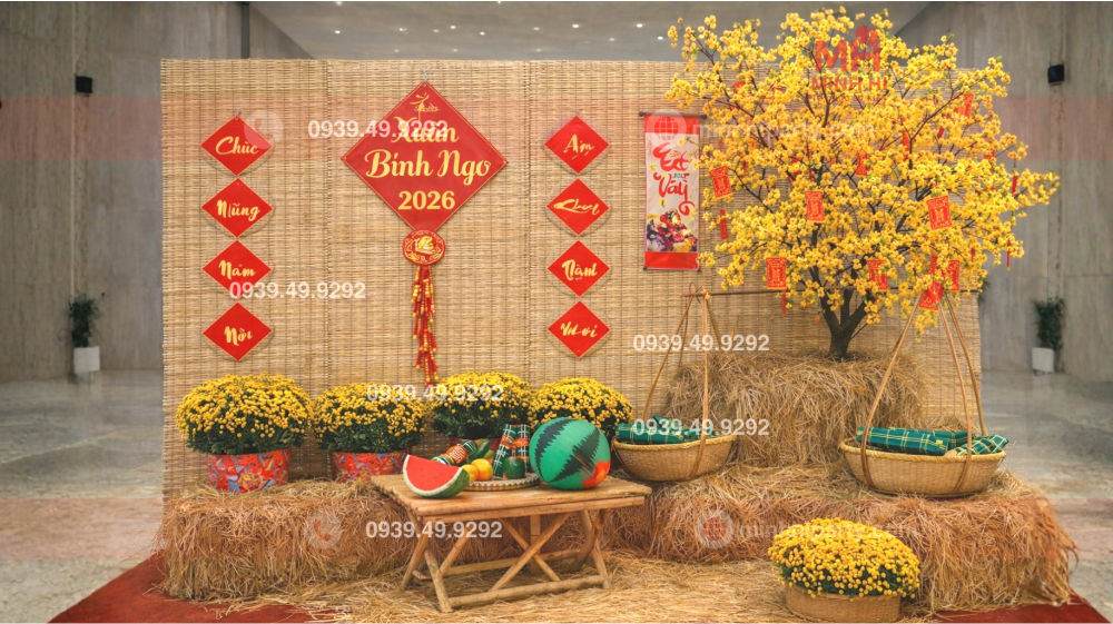 Decor tiểu cảnh tết 2026 với mành tre đơn giản đẹp đậm chất truyền thống