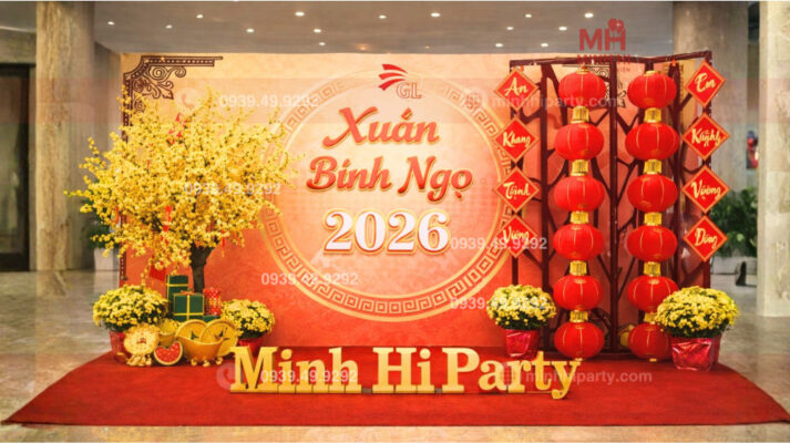 Trang trí tiểu cảnh tết Bính Ngọ 2026 với thiết kế hoành tráng do Minh Hi Party cung cấp trọn gói