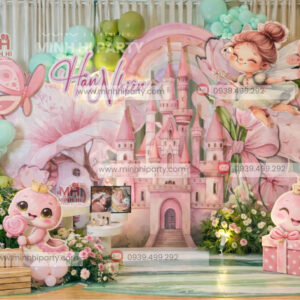 Backdrop thôi nôi bé tuổi Tỵ chủ đề cổ tích