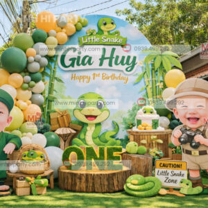 Backdrop thôi nôi bé tuổi Rắn chủ đề rừng xanh thiên nhiên
